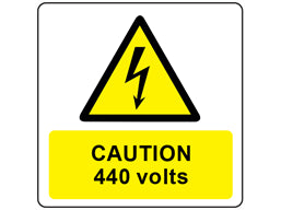 RLW04 Caution 440V Symbol and Text Safety Label, roll with 250 labels, 50x50 mm, Self adhesive vinyl with clear polyester laminate, etiqueta, ضع الكلمة المناسبة, метка