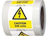 RLW10 Caution 230V Symbol and Text Safety Label, roll with 250 labels, 50mm x 50mm, Self adhesive vinyl with clear polyester laminate, etiqueta, ضع الكلمة المناسبة, метка