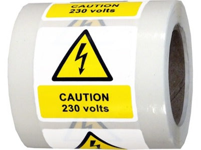 RLW10 Caution 230V Symbol and Text Safety Label, roll with 250 labels, 50mm x 50mm, Self adhesive vinyl with clear polyester laminate, etiqueta, ضع الكلمة المناسبة, метка