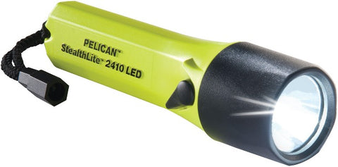 Pelican 2410 StealthLite Torch LED Flashlight available in high visibility yellow (luminescent) and black, Thermoplastic, Water, Explosion Proof, 4 x AA Alkaline batteries, Pelican, lanterna, مصباح يدوي, lampu suluh, catalog data sheet